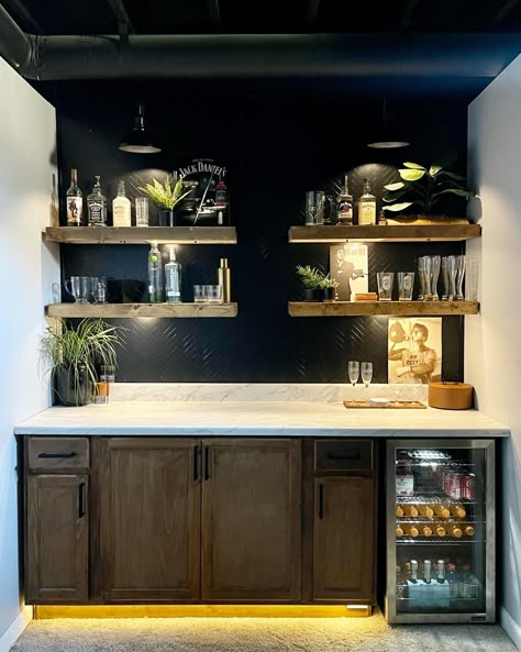 Floating Basement Bar, Over Bar Shelving, Basement Bar Liquor Display, Floating Shelves Basement Bar, Small Bar With Floating Shelves, Wet Bar Floating Shelves Ideas, Basement Bar On Wall, Diy Bar Ledge On Wall, Black Shiplap Bar Wall