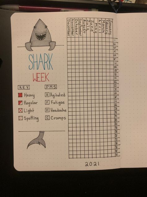 Period tracker bullet journal Shark Week Bullet Journal, Bujo Period Tracker, Period Tracker Journal, Shark Week Period, Bullet Journal Period Tracker, Week Tracker, Ballet Journal, Tracker Bullet Journal, Journal 2024