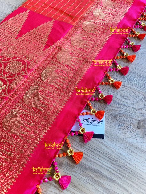 Customised Saree Kuchu designs exclusively handcrafted to complement your precious silk sarees for celebrating your once in a life time events. Krishne's designer tassel kuchus are our premium offering that are crafted using a combination of handcraft techniques like Aari, Crochet, Hand Embroidery, Maggam, Zardozi etc and are in the price range of ₹ 500 ~ 6000.  Call 9916253832 or Click www.krishnetassels.com/tassels to see all the kuchu types, price range & information to place your order.. Tassels For Dupatta, Crochet Dupatta, Saree Colors, Saree Belt, Tassels Fashion Clothing, Saree Kuchu New Designs, Dupatta Lace, Saree Pallu, Designer Tassels