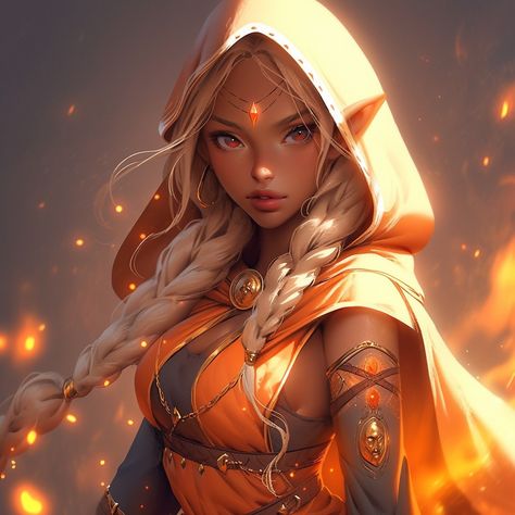 Elf, original character,  art,  dark skin elf Sun Elves Dnd, Fire Elf Female, Fey Paladin, Sun Elf Character Design, Eladrin Elf Autumn, Sun Elf Female Dnd, Autumn Eladrin Female Dnd, Dnd Sun Elf, Autumn Eladrin Female