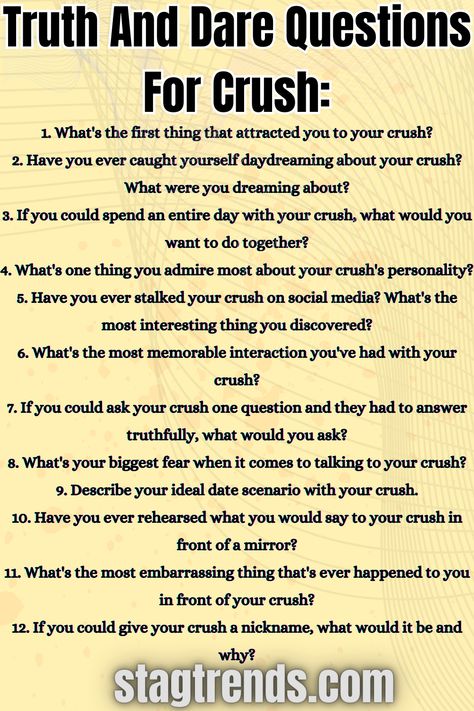 Truth And Dare Questions For Crush Truth Or Dare Crush Edition, Questions For Crush, True Or Dare Questions, Questions For Your Crush, Truth And Dare Questions, Who's Most Likely To Questions, Fun Couple Questions, Dare Ideas, Funny Truth Or Dare