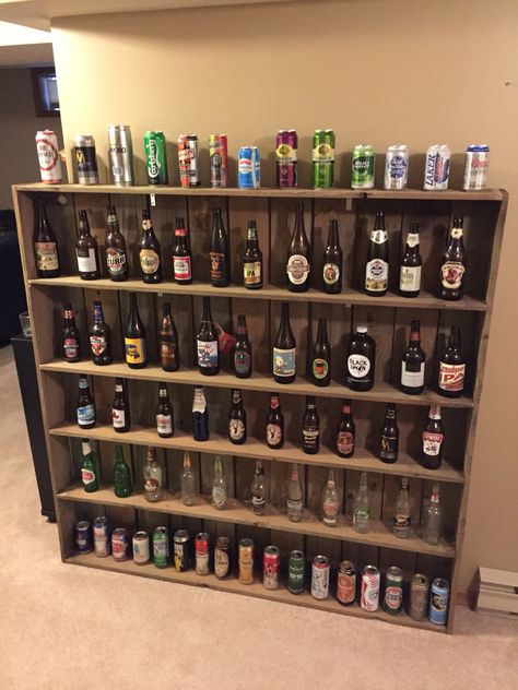 Beer shelf made from old fence board. Beer Shelf, Old Fence Boards, Fence Boards, Glass Bottle Diy, Bottle Diy, Bar Designs, Old Fences, Bottom Shelf, Bar Design