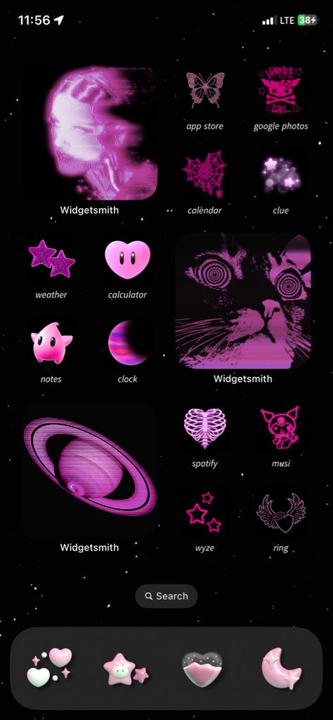 Neon Ios 16 Wallpaper, Theme For Iphone App, Pink Y2k Homescreen Layout, Home Screen Layout Iphone Pink And Black, Ios Layout Aesthetic Purple, Y2k Ios 16 Layout, Layout Inspo Iphone, Dark Purple Iphone Layout, Aesthetic Ios 16 Ideas