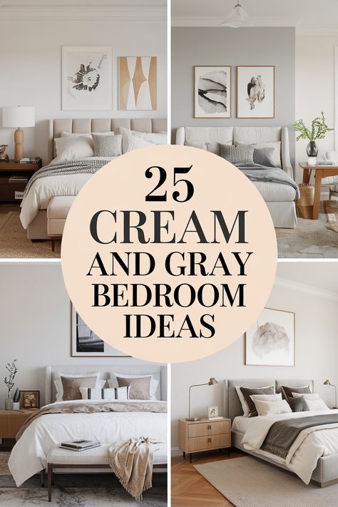 Cream and gray are a timeless color combination that works for any style, especially if you're going for a cozy and chic bedroom. These colors bring a sense of serenity and elegance, perfect for creating a relaxing atmosphere. Explore our cream and gray bedroom ideas and find inspiration for your dream bedroom. Gray Wood Floor Bedroom Ideas, Beige Bed Grey Walls, Cream And Gray Bedroom Ideas, Bedroom Paint Colors With Grey Furniture, Charcoal And Tan Bedroom, Grey Paint Bedroom Ideas Gray Walls, Natural And Grey Bedroom, Bedrooms With Gray Furniture, Grey Color Combinations Bedroom