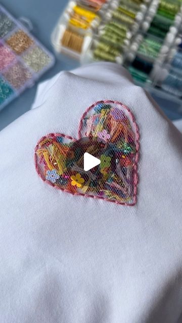 Heart On Sleeve Embroidery, Embroidered Heart On Sleeve, Heart Embroidery On Tshirt, Cute Heart Embroidery, Heart Shape Embroidery, Kids Art Space, Denim Embroidery, Learning To Embroider, Textile Art Embroidery