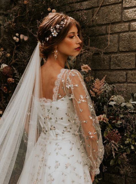 Wedding Dress With Back Covered, Satin Wedding Dress With Flowers, White Floral Embroidered Dress, Sage Green Whimsical Wedding, Wedding Dress With Pattern, Billowy Wedding Dress, Billowy Sleeve Wedding Dress, Wedding Dress Green Embroidery, Sage Green Wedding Dresses Brides