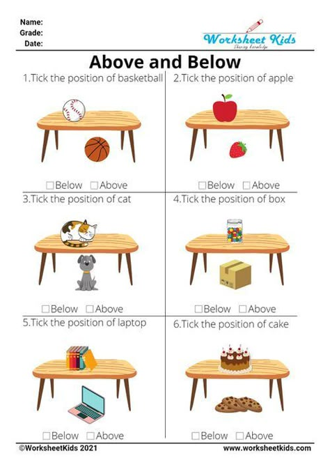 Free printable position worksheets helps kids to know the spatial concept awareness. Worksheets on left and right directions, top, middle and bottom, above and below, beside and next to improve their knowledge on spatial position words. Spatial Concepts Preschool, Above And Below Worksheets, Spatial Concepts, Preschool Math Worksheets, Kids Worksheets Preschool, Free Preschool Worksheets, Kids Math Worksheets, Math Activities Preschool, Phonics Worksheets