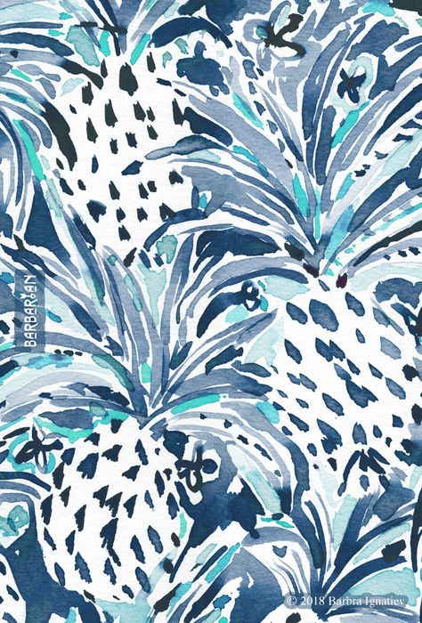 Pineapples and little flowers abound in this blue-hued tropical print, inspired by Hawaii and the lushness that filled me with wonder when we stayed on the Big Island. Need to get back to that tropical sitch... #pineapples #hawaiian Pineapple Wallpaper, Watercolor Fabric, Watercolor Pillows, Tropical Drink, Blue Orchids, Pineapple Print, Print Wallpaper, Botanical Prints, Pattern Art