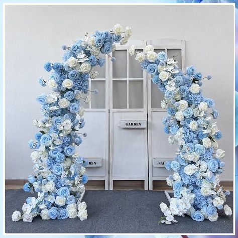 Looking for the perfect blue wedding backdrop? Check out these 10 stunning ideas to make your special day unforgettable. From elegant drapery to whimsical fairy lights, find the inspiration you need to create a dreamy atmosphere for your wedding. Say "I do" against a backdrop that reflects your style and love story. Rose Archway, Archway Wedding, Flower Wedding Backdrop, Flower Runner Wedding, Arch Shelf, Flower Archway, Party Event Decor, Iron Arch, Flower Runner