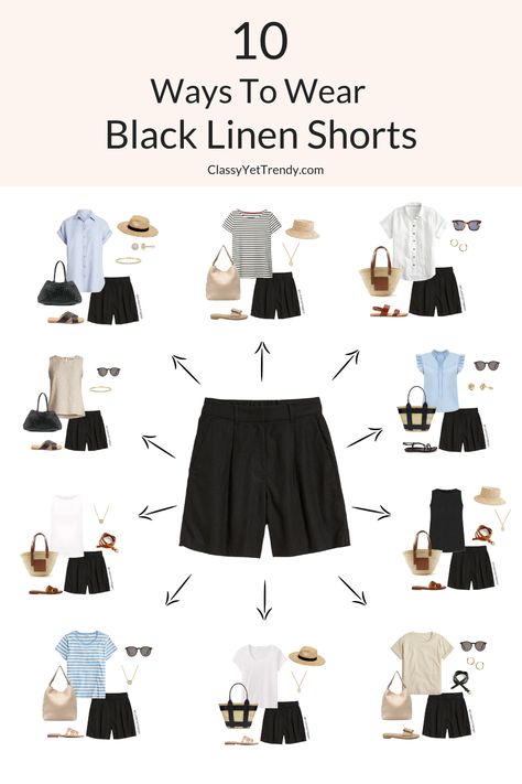 Linen Shorts Fall Outfit, Summer Outfits Classic Style, 10 Clothes 30 Outfits, Shorts Minimalist Outfit, Classy Chic Spring Outfits, Linen Shorts Outfit Spring, Minimalist Shorts Outfit, Trendy Shorts For Women, Classy Must Haves