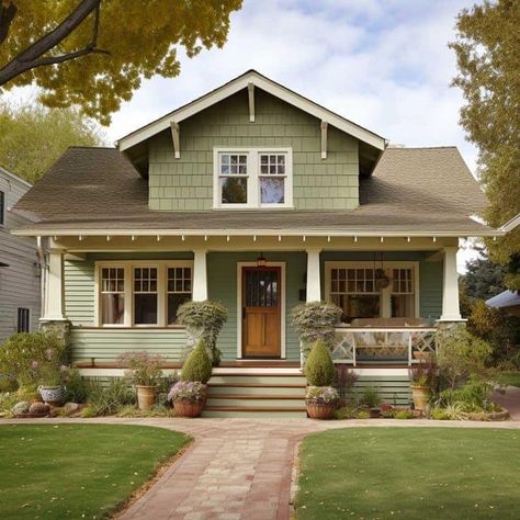 Craftsman Style Homes Exterior Color, Craftsman House Colors, Green Home Exterior, Home Exterior Colors Schemes, Craftsman House Exterior, Green Exterior House Colors, Tudor Homes, Green House Exterior, Outside House Colors