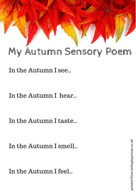 Autumn sensory poem printable prompt. What a fun sensory literacy idea for fall Autumn Writing Prompts, Sensory Poem, Autumn Writing, Autumn Eyfs, Fall Writing Prompts, Seasons Poem, Simple Poems, Autumn Poems, Poem Template