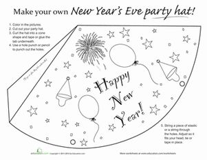 New Year Second Grade Holiday Paper Projects Worksheets: New Year's Party Hat New Year Worksheet, Hat Activity, Party Hat Template, Dance Coloring Pages, New Year Printables, Kids New Years Eve, New Year's Eve Activities, Worksheet For Kindergarten, New Years Hat