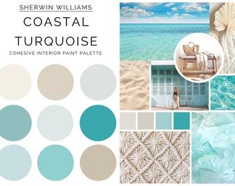 Sherwin Williams Coastal, Couleur Feng Shui, Coastal Paint Palette, Costal Farmhouse, Whole House Color Palette, House Color Palette, Interior Paint Palettes, Paint Color Swatches, Turquoise Paint