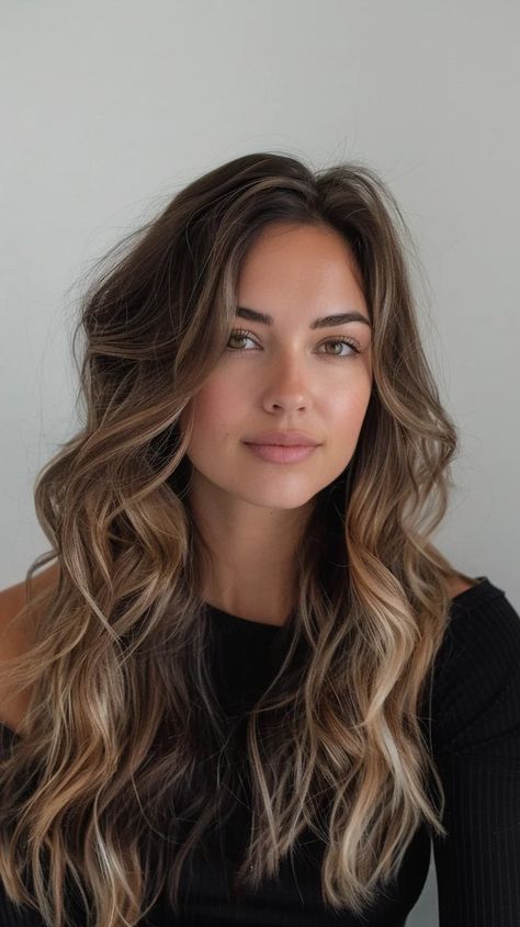 Balayage In Brunette Hair, Cool Baylage, Natural Brown Hair With Balayage, Balayage Hair Brunette With Blonde Extensions, Brunette Mini Highlight, Brunette Balayage Hair Long Layers, Brunette Balayage Hair Blonde Caramel Highlights Ombre, Brown Balayage Hair Blue Eyes, Ash Brown Caramel Balayage