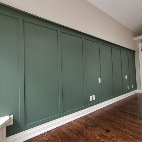 Forest Green Panelling, Green Half Wall Panelling, Green Paneling Bedroom, Green Wood Accent Wall, Dark Green Board And Batten Wall, Hunter Green Accent Wall, Green Accent Wall Office, Dark Green Panelling, Green Wall Panelling