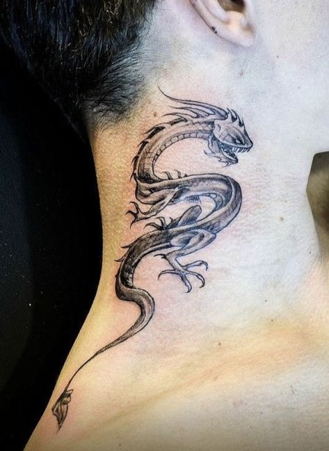 Dragon Tattoo Neck, Haku Dragon Tattoo, Tiny Lotus Tattoo, Back Of Neck Tattoo Men, Haku Dragon, Best Neck Tattoos, Behind Ear Tattoos, Dragon Tattoos For Men, Back Of Neck Tattoo