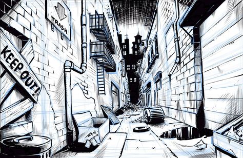 Ally Way Background Drawing, Cartoon Alleyway, Alleyway Drawing Reference, Comic Art Style Background, Comic Book Background Art, Comic Background Art, Alley Way Drawing, Background For Comics, Cartoon Art Background