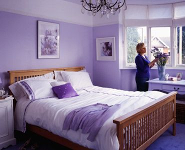 Almost the same lilac as our bedroom- but this looks much more 'together' than ours! Lilac Walls Bedroom Ideas, Lilac Walls Bedroom, Lilac Interior Bedroom, Lilac Feature Wall Bedroom, Purple Bedroom Walls, Lilac Room, Lilac Bedroom, Lavender Bedroom, Bedroom Shades