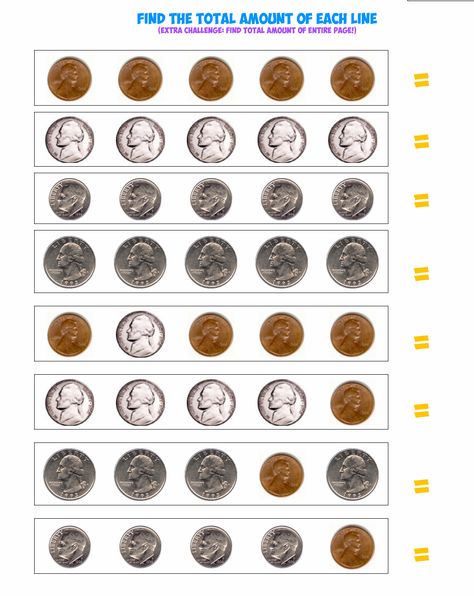 Challenge your students to use their knowledge of coin values to determine the $ amount of each set of coins! (FREE!!!) Coin Worksheets, Teaching Coins, Coin Collection Value, Value Of Coins, Counting Coins Worksheet, Identifying Coins, Counting Money Worksheets, Money Math Worksheets, Coin Sorting