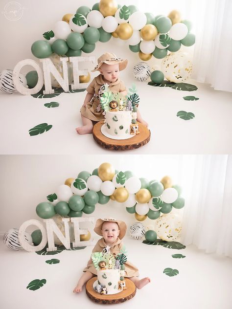 Modern Safari Cake Smash | Airdrie + Calgary Child Milestone Photographer Safari Cake Smash, Luau Table Decorations, Safari Cake, Cake Smash Theme, Giraffe Cakes, First Birthday Photography, Safari Outfit, 1st Birthday Photoshoot, Safari Cakes