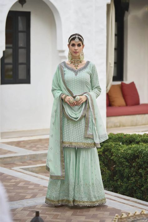 Lehengas | Omzara Green Sharara, Georgette Sharara, Gharara Suits, Salwar Dress, Dress Salwar Kameez, Georgette Tops, Palazzo Suit, Sharara Suit, Kurta Dress