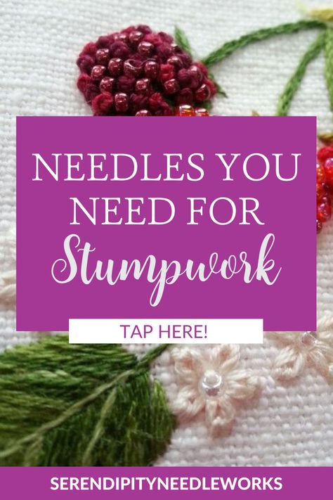 Hey Friends!! Would you like to add some dimension to your needlepoint canvases? Well, stumpwork is one of the best ways to do just that! Stumpwork is a very old form of embroidery and it's SUPER fun!! Never heard of it? No worries, I'm going to tell you all about in my blog post and what kind of needles to use in stumpwork! Needlepoint Stitch | Stumpwork | Stitches | Embroidery | Embroidery Stitch | Embroidery Stitches | Needlework Embroidery Stumpwork Tutorials, Stumpwork Embroidery Tutorial, Creative Stitching, Stumpwork Embroidery, Stump Work, Long And Short Stitch, Needlepoint Stitch, Stitches Embroidery, Embroidery Stitch