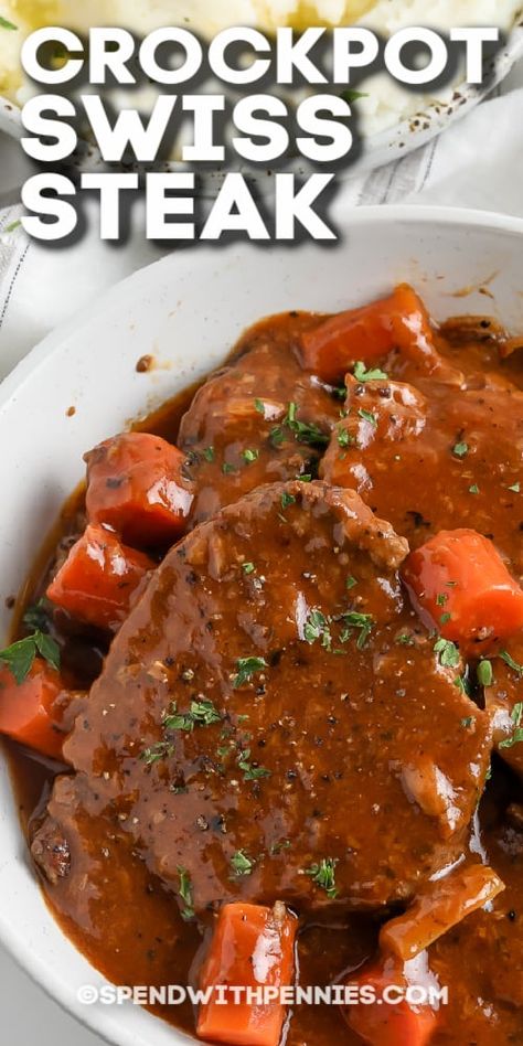 Crockpot Swiss Steak, Swiss Steak Crockpot, Swiss Steak Recipes, Round Steak Recipes, Crockpot Steak, Cube Steak Recipes, Swiss Steak, Recipes For Two, Crockpot Recipes Beef