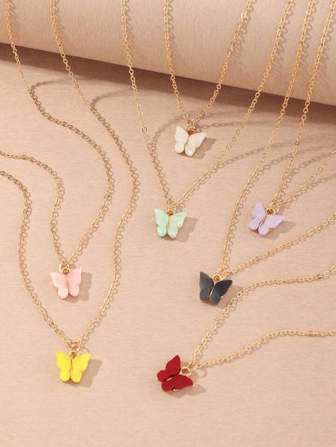 7pcs Toddler Girls Butterfly Charm Necklace | SHEIN USA Simple Beaded Necklaces, Wire Jewelry Rings, Spiritual Necklace, Pretty Jewelry Necklaces, Necklace For Mom, Sister Jewelry, Korean Jewelry, Daisy Necklace, Diy Bracelet Designs