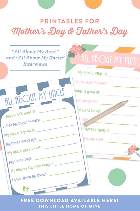 Free Printables for Mother's Day and Father's Day: Celebrate Aunts and Uncles with All About My Aunt and All About My Uncle Interviews by This Little Home of Mine All About My Grandma, Footprint Heart, All About My Mom, Mother's Day Printables, Grandma Names, Diy Father's Day Gifts, Father's Day Diy, Great Father, Unique Gifts For Men