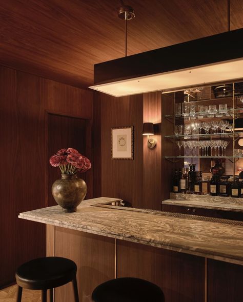 Mid Century Light, Moody Interiors, Gentlemens Club, Aime Leon Dore, Green Curtains, City Design, Commercial Interiors, Architectural Digest, Bar Design