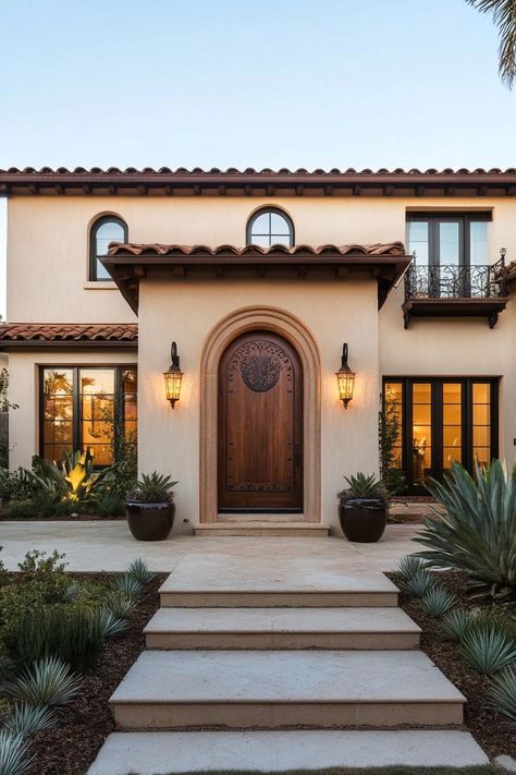 Modern Italian mediterranean house modern facade with large ornate wooden front door. Check out all of these stunning Italian Mediterranean houses that encapsulate elegant arches, textured stucco, charming terra cotta details, and so much more. Spanish Style Home Entrance, Spanish House Design Exterior, Italian Door Design, Italian Mediterranean Aesthetic, Modern Mediterranean Facade, Mediteranean Houses Exterior Modern, Medditeranean Style Home Exterior, Modern Tuscan Home Exterior, Italian House Design