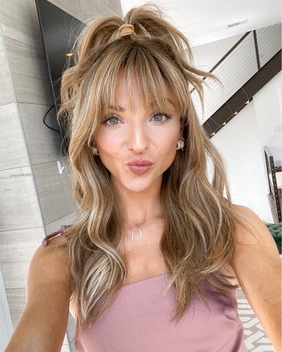 #bangs #halfup #halfdown #hairstyle #wig #wigs Debs Hairstyles, Bob Hairs, Hairband Hairstyle, Dani Austin, Blonde Bangs, Wig Collection, Blonde Roots, Long Hair With Bangs, Cute Hair