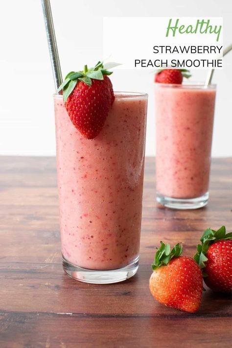 This easy 3-ingredient strawberry peach smoothie is the perfect healthy beverage for breakfast. A refreshing and healthy summer smoothie. All you need is peaches, frozen strawberries and any milk. This recipe is easy to make gluten free and vegan, and can suit most dietary requirements. Vegan Strawberry Smoothie, Strawberry Peach Smoothie Recipes, Strawberry Banana Peach Smoothie, Strawberry And Peach Smoothie, Ninja Smoothie Recipes, Strawberry Peach Smoothie, Jamba Juice Smoothies, Peach Banana Smoothie, Strawberry Smoothie Healthy