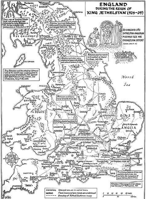 England during the reign o King Aethelstan, early 10th century. Anglo Saxon Kingdoms, Saxon History, Anglo Saxon History, Map Of Britain, Ancient History Archaeology, England Map, Scale Map, Uk History, Ancient Maps