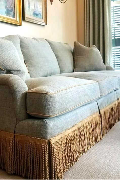 Bullion Fringe Sofa, Sofa Fringe, Sofa Fabric Ideas, Sofa With Fringe, Fringe Sofa, English Roll Arm Sofa, Skirted Sofa, Bullion Fringe, Modern Apartment Living Room