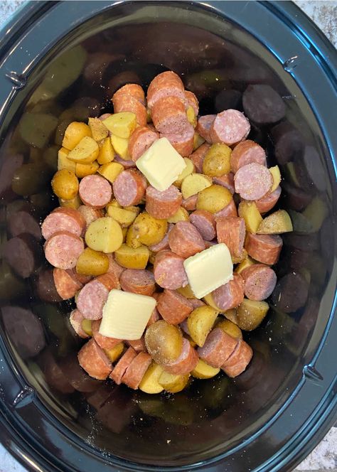 slow cooker sausage and potatoes dinner Kilbasa Sausage Recipes, Crockpot Sausage And Potatoes, Smoked Sausage And Potato Recipe, Sausage Crockpot Recipes, Potato Recipes Crockpot, Sausage Slow Cooker, Recipe For Sausage, Sausage And Potato Bake, Easy Sausage Recipes