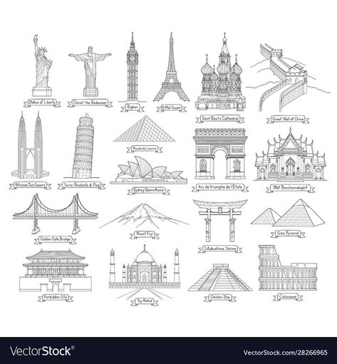 Landmarks Drawing, Travel Art Drawing, Landmark Drawings, Landmark Drawing, Travel Around The World Drawing, Drawing Of Monuments, Landmarks Of The World, Landmark Illustration, World Landmarks