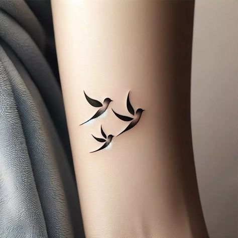 Mom And Daughter Tattoos Birds, Small Bird Silhouette Tattoo, Birds Flying Tattoo Design, Bird Tatoos Woman Wrist, 3kids Tattoo Ideas, Bird Family Tattoos For Women, Empty Nest Tattoo Ideas, Three Bird Tattoos For Women, 5 Birds Tattoo