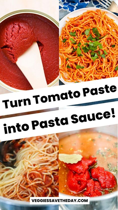 Collage of images: Wooden spoon in can of tomato paste; Spaghetti with red sauce and fresh parsley; Tossing spaghetti with sauce; Sauce ingredients in a pot; with text overlay Turn Tomato Paste into Pasta Sauce! Tomato Paste Pasta Sauce, Pasta With Tomato Paste, Spagetti Sauce Recipe, Easy Tomato Pasta Sauce, Making Pasta Sauce, Canned Tomato Paste, Tomato Paste Sauce, Tomato Paste Recipe, Pasta Sauce Recipes Tomato