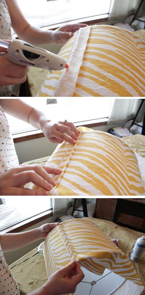 6 Easy Steps to Cover a Lamp Shade How To Cover A Lampshade With Wallpaper, Lampshade Makeover Fabric Covered, Custom Lamp Shades Diy, Lampshade Trim Ideas, Covering A Lampshade, Lamp Shade Diy Makeover, Cover A Lampshade With Fabric, How To Cover A Lamp Shade With Fabric, How To Recover A Lamp Shade