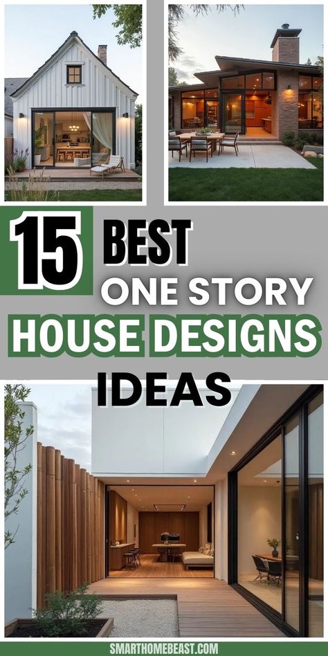 An image showcasing a variety of one-story homes with breathtaking exteriors, highlighting different architectural styles, large windows, and beautiful landscaping. Modern One Level Homes, Custom Built Homes Exterior, L Shaped House Exterior, Contemporary One Story House, Small Modern House Exterior Minimalist, Minimal House Design Exterior, Modern House Facades Single Story, Single Story Elevation Design, Beautiful Homes Exterior Modern