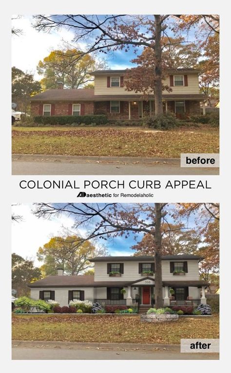 Colonial Porch Curb Appeal Ideas and Inspiration (with columns and railing) Colonial Curb Appeal, Colonial Porch, Curb Appeal Porch, Ad Aesthetic, Colonial House Exteriors, Render Architecture, Exterior House Renovation, Best Exterior Paint, House Makeovers