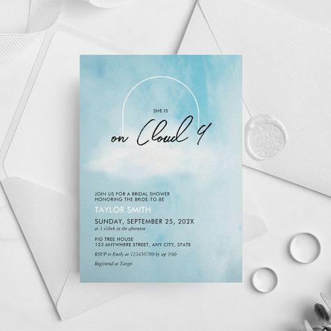 $3.08 | Cloud 9 Bridal Shower Theme Minimalist Modern #on cloud 9 bridal shower, bride is on cloud 9, bride is on cloud nine, on cloud nine bridal shower, on cloud 9 bachelorette party, clouds sky dreamy bridal shower, modern elegant minimalist, unique bridal shower invitation, soft pastel colors light blue, watercolor pastel gradient ombre soft On Cloud 9 Bachelorette Party, Cloud 9 Bachelorette Party, On Cloud 9 Bachelorette, Bachelorette Party Theme, Unique Bridal Shower Invites, Modern Bridal Shower Invitations, On The Wings Of Love, Ombre Wedding, Modern Bridal Shower