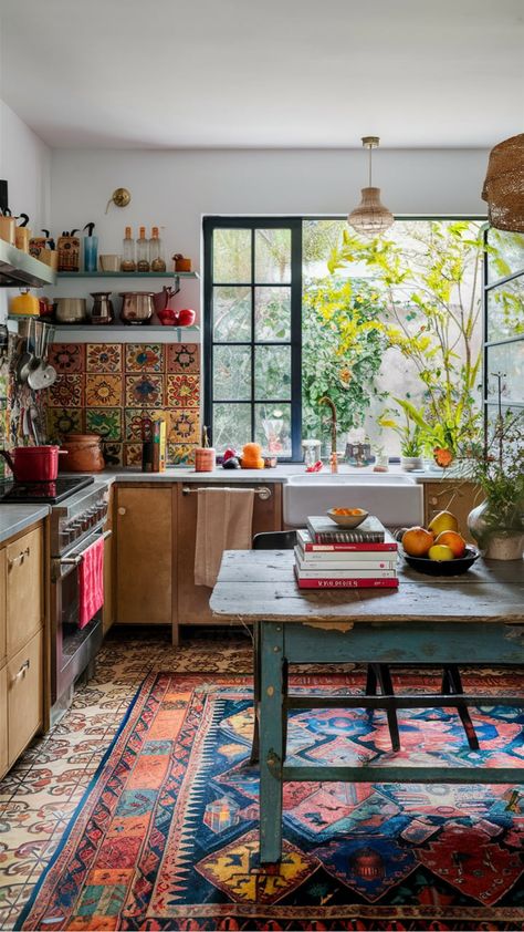 Transform your kitchen into a cozy and vibrant space with these bohemian kitchen decor ideas. Embrace the eclectic charm of boho kitchen style by incorporating colorful textiles, patterned rugs, and unique vintage finds. Mix and match different textures to create a bohemian oasis that inspires creativity and warmth in your home. Elevate your space with earthy tones, plant accents, and rustic elements to achieve that perfect laid-back boho vibe in your kitchen. Boho Bright Kitchen, Rugs Mix And Match, Boho Kitchen Apartment, Colorful Cottage Kitchen, Colorful House Interior, Eclectic Home Kitchen, Fairytale House Interior, Eclectic Kitchen Bohemian, Open Floor Plan Ideas