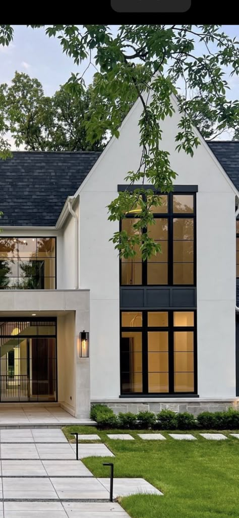 Two Story Modern House Exterior, Black Grid Windows Exterior, French Modern House Exterior, Transitional Brick House Exterior, French Modern House, Modern French Exterior, Transitional Modern Exterior, French Modern Exterior, Transitional House Exterior