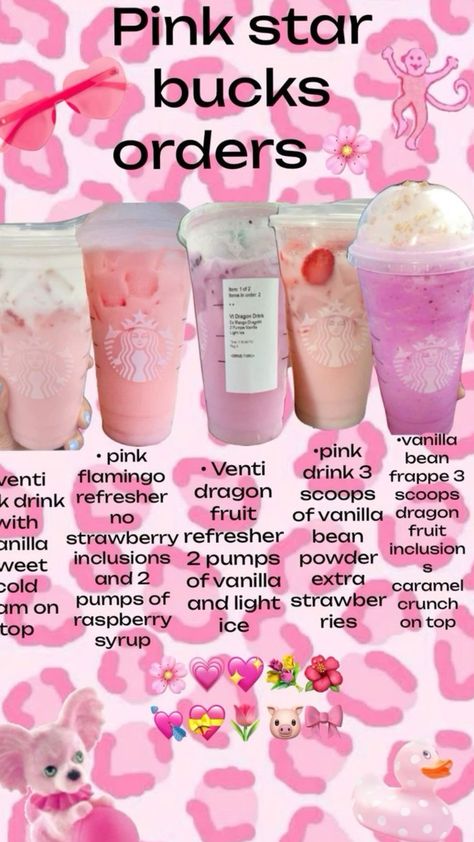 Pink Drink Ideas Starbucks, Starbucks Drinks No Coffee Refresher, Secret Starbucks Recipes Refreshers, Sanrio Starbucks, Starbucks Copycat Recipes Drinks, Starbucks Frappuccino Recipe, Starbies Drinks, Starbucks Drink Menu, Starbucks Secret Menu Recipes