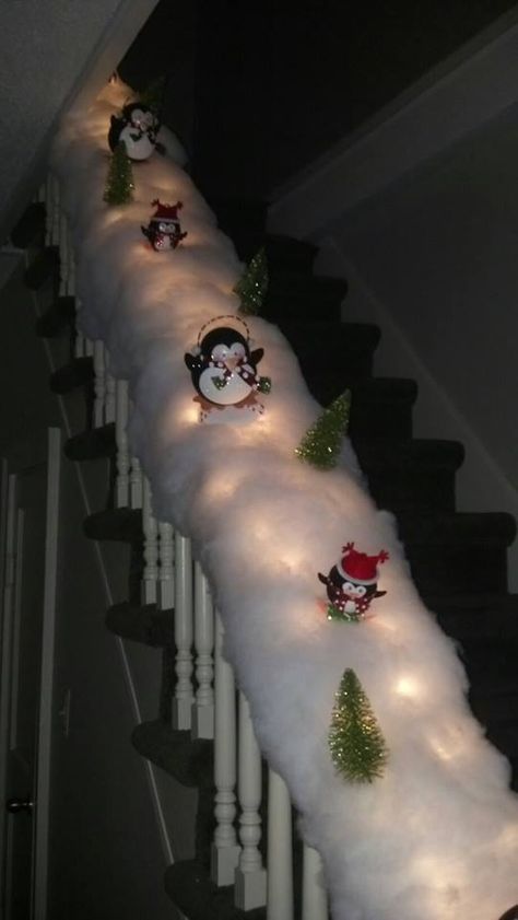 Our skating/sledding penguin banister! :) Stair Railing Christmas Decor, Railing Christmas Decor, Ice Skating Penguin, Pallet Christmas Trees, Christmas Banister, Christmas Stairs, Christmas Staircase, Pallet Christmas Tree, Pallet Christmas