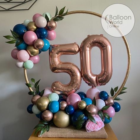 Balloon Hoop Decoration, Balloon On Table, 50th Balloon Decorations, 50th Birthday Balloon Decorations, Hoop Centrepiece, Diy 50th Birthday Decorations, 50th Birthday Decor, Balloon Centrepiece, Balloon Hoop