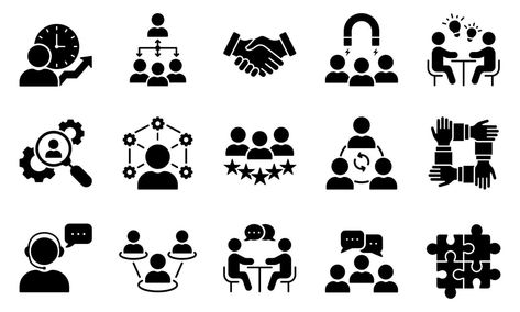 Teamwork Community Business People Partnership Glyph Pictogram Collection. Human Resource Management Collaboration Silhouette Icon Set. Employee Lead Career Icon. Isolated Vector Illustration. Community Icon, Workshop Icon, Transportation Logo, Ads Poster, Room Signage, Team Icon, College Ad, Email Icon, Space Icons